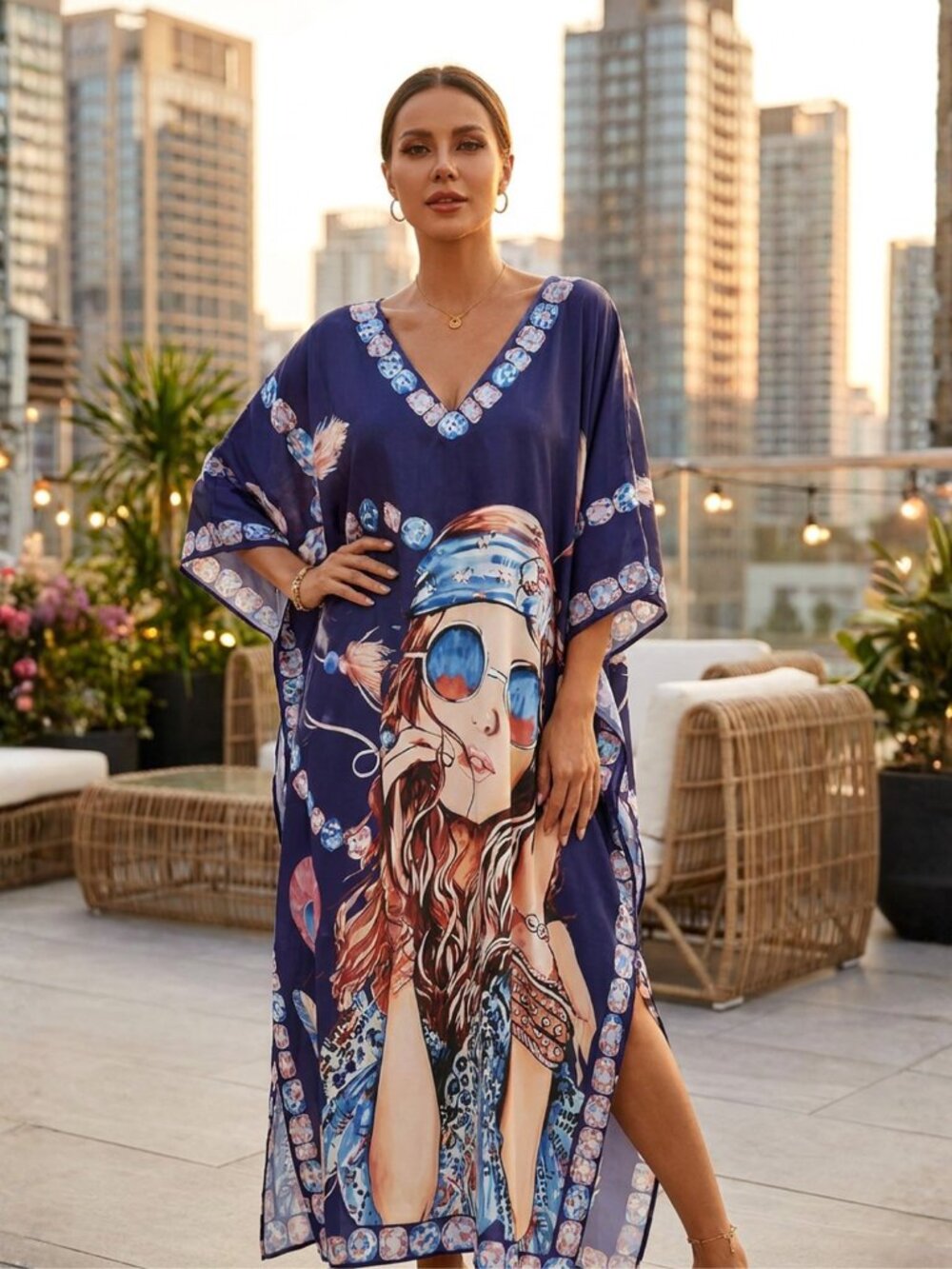 Plus Size Purple Lady Print Kaftan Dress Boho Resort Beach Cover Up Dresses